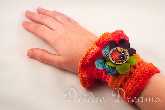 Hippie Boho Gypsy Tribal Crochet Wrist Cuff - Polymer Clay Flower Appliqued Ornament - Summer Fiber Crochet Jewelry