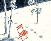 Landscape Art Print of Original Watercolor Painting --Red Chair 2
