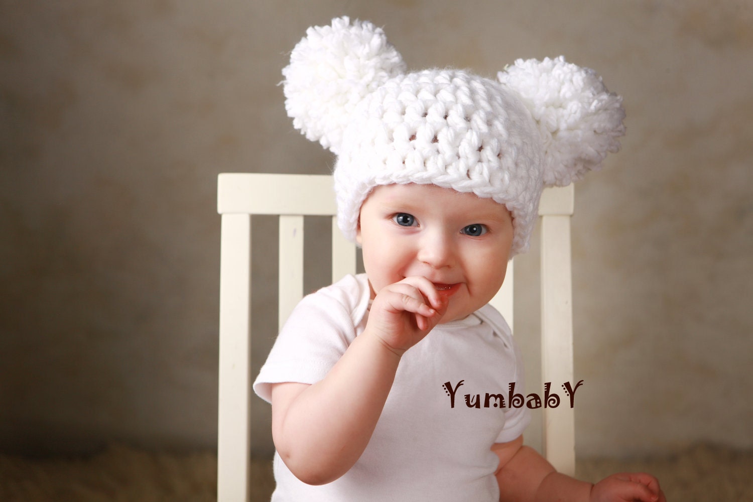 Baby Girl Chunky White Crochet Knit Infant Double Pom Pom Beanie Photography Prop