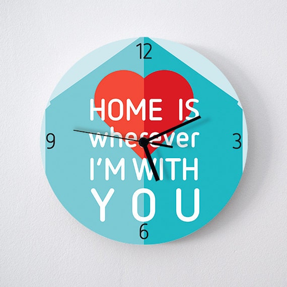 Big Round wall clock - Home is wherever I'm with You / blue red heart : high quality prints from original izzybizzy illustrations