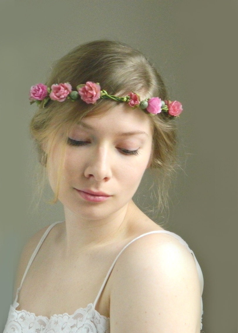 Rose Bud Flower Crown - Pink Fuchsia Bridal - Rustic Weddings - READY TO SHIP
