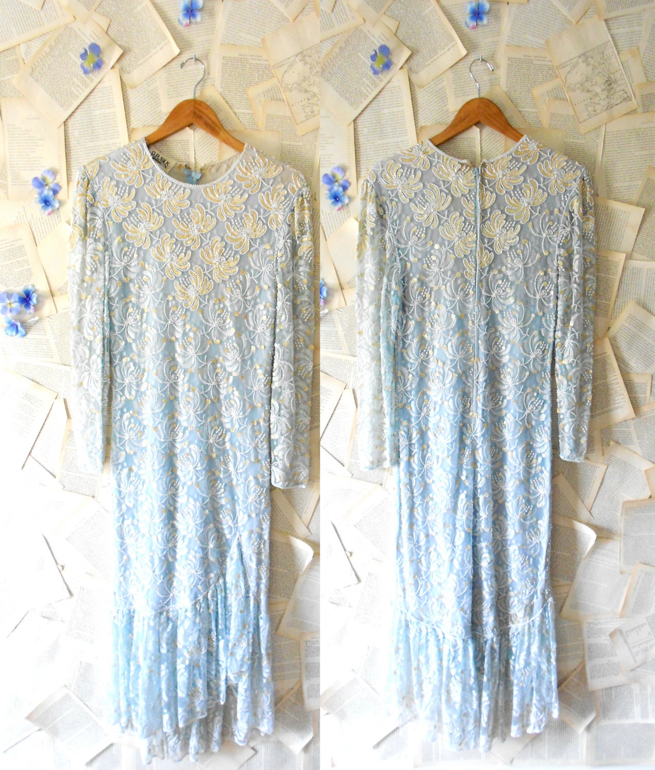 Vintage 70s does 20s light Blue Silk & Lace beaded Dress Size Small