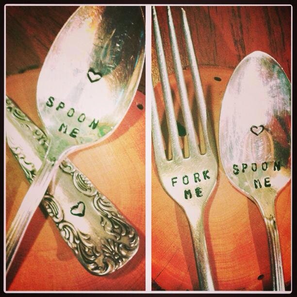 OOAK Gift set - Fork me /  Spoon me - Hand stamped Upcycled vintage flatware - Silly gift - Love