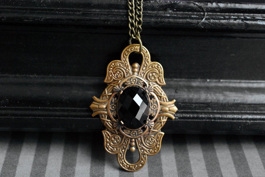 The Countess - victorian gothic ornate necklace with black glass cabochon - antique brass