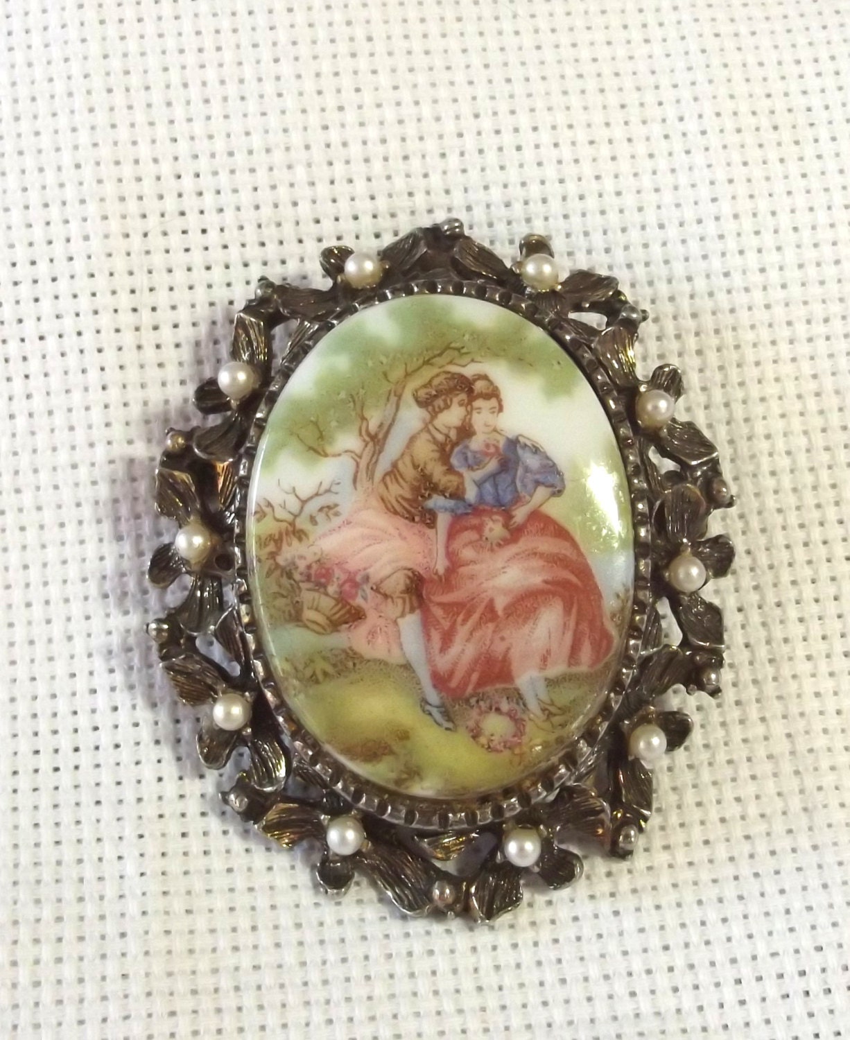 Vintage Brooch, Cameo Pin, Porcelain, Romantic Couple, Brass Base, Pearl Accent, Pendant, Jewelry