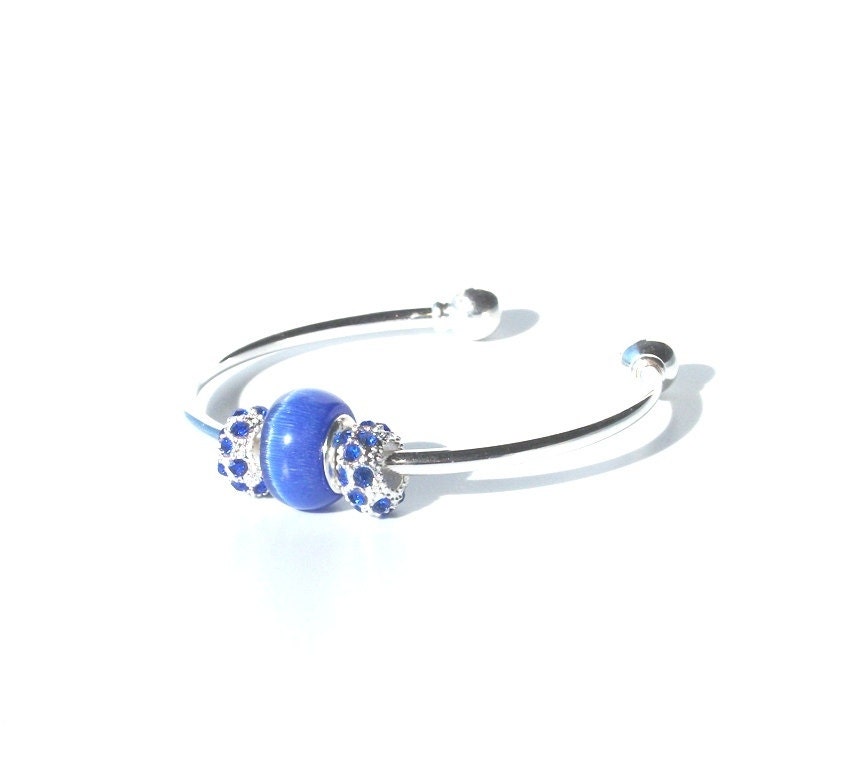 European Bangle Charm Bracelet with royal blue Pave Crystal and European Glass Beads