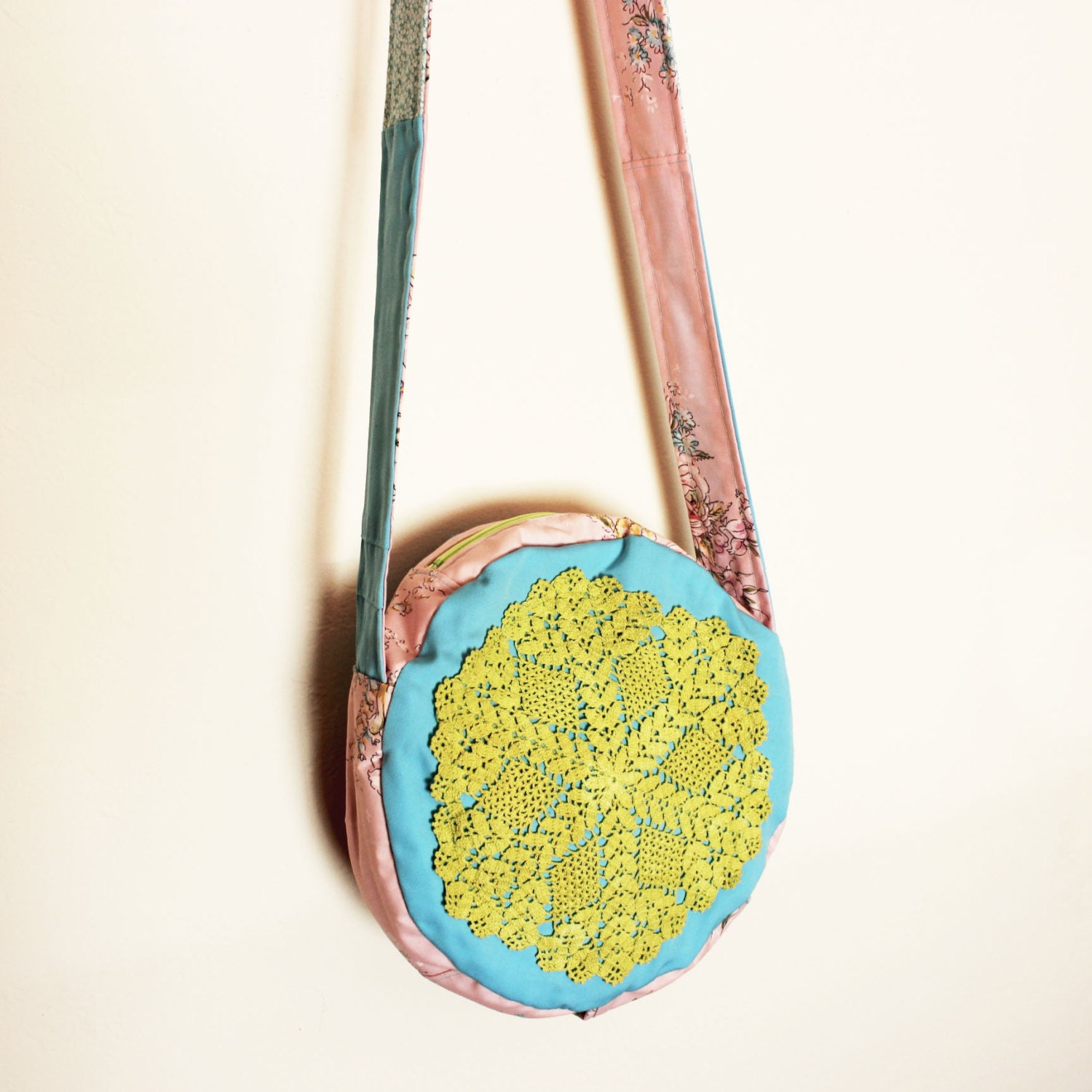 Unique Purse Handmade Doily Messenger Bag Canteen Style Upcycled Turquoise Lime Pink  Floral Print