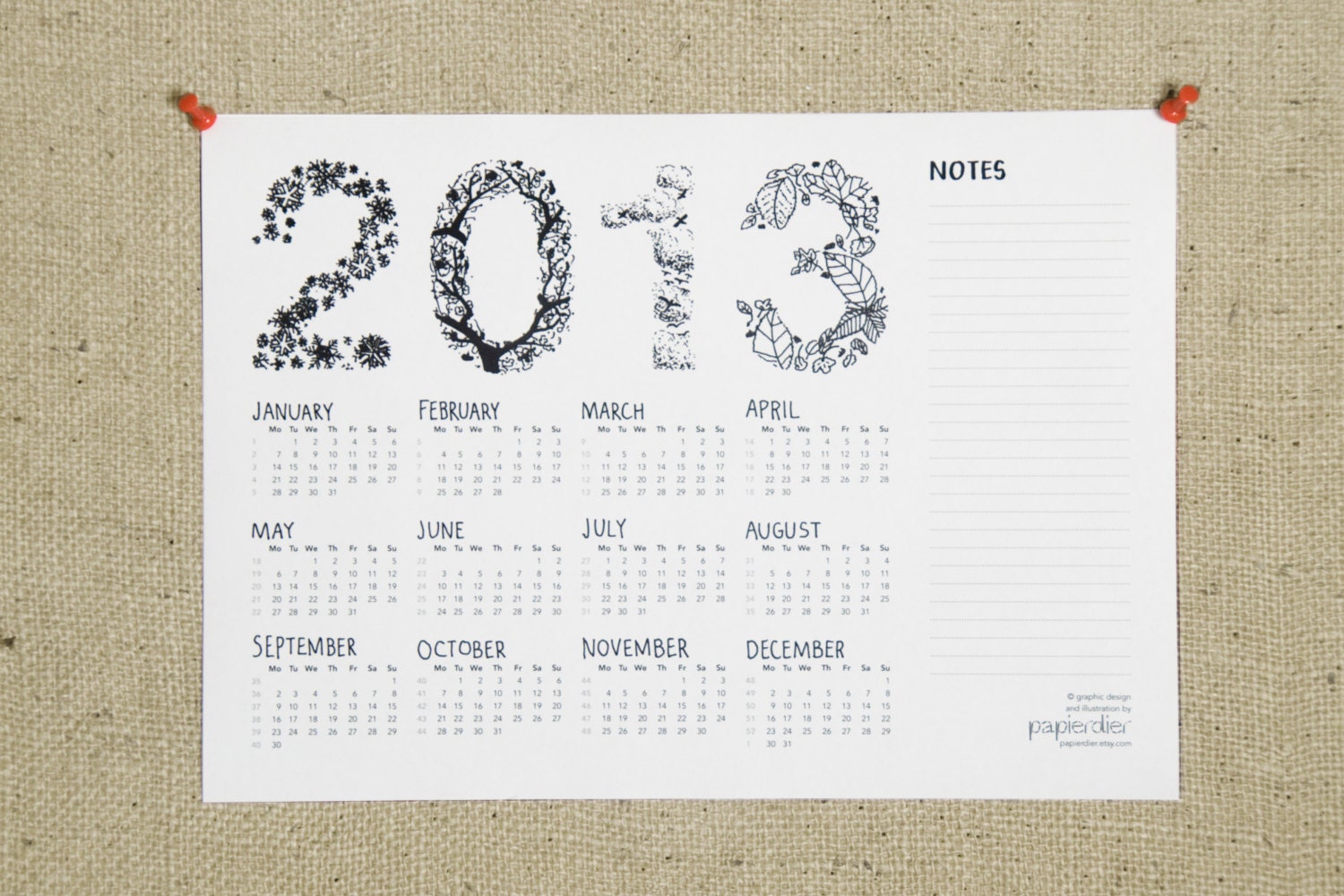 Printable calendar 2013 black typographic illustration with notes year planner A4 PDF file