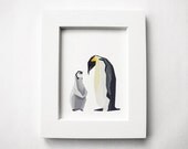 Penguin, Mother and child, Geometric, Minimal, Bird print, Original illustration, Art, A3, A4, A6, A5