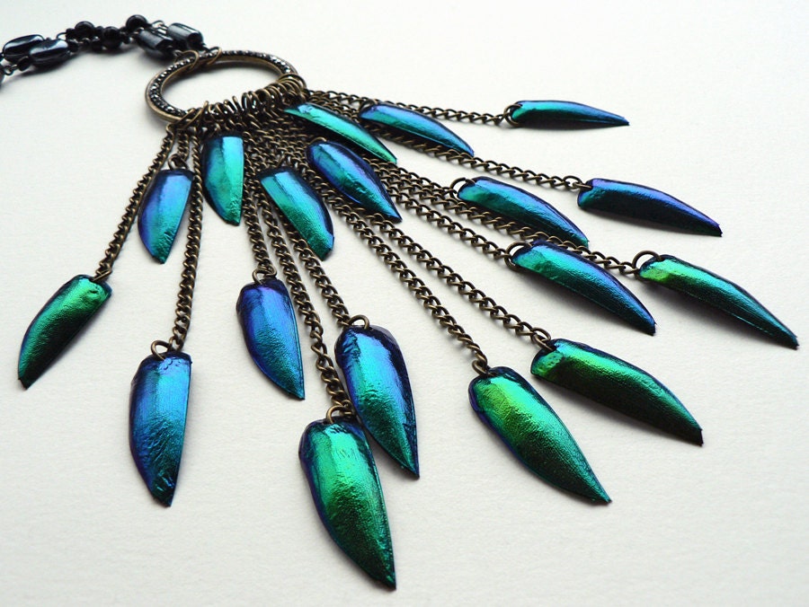 Beetle Wing Statement Necklace. Pendant necklace, beetle wing tassel necklace.