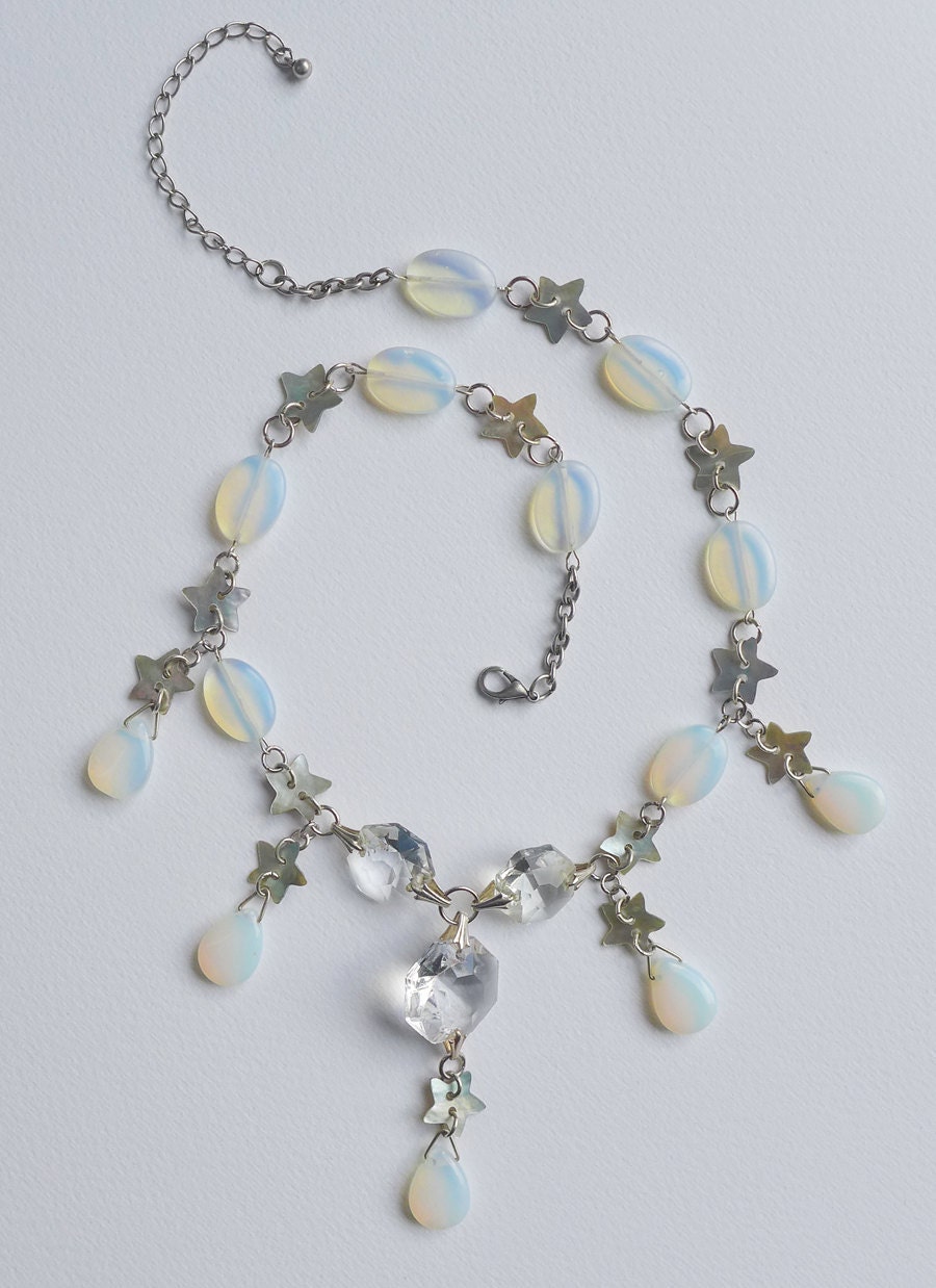 Moon and Stars Opalite Statement Necklace. Sea opal, crystal and star button necklace, bridal statement necklace