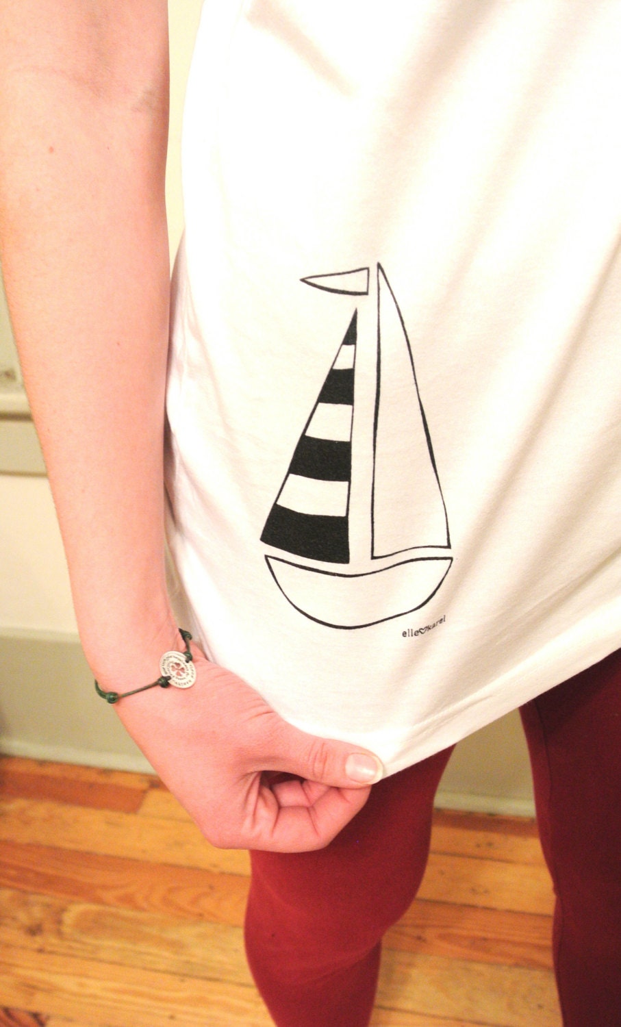 Elle Karel Original Sailboat Illustration Screenprinted on Organic Cotton V-Neck T-Shirt Black and White