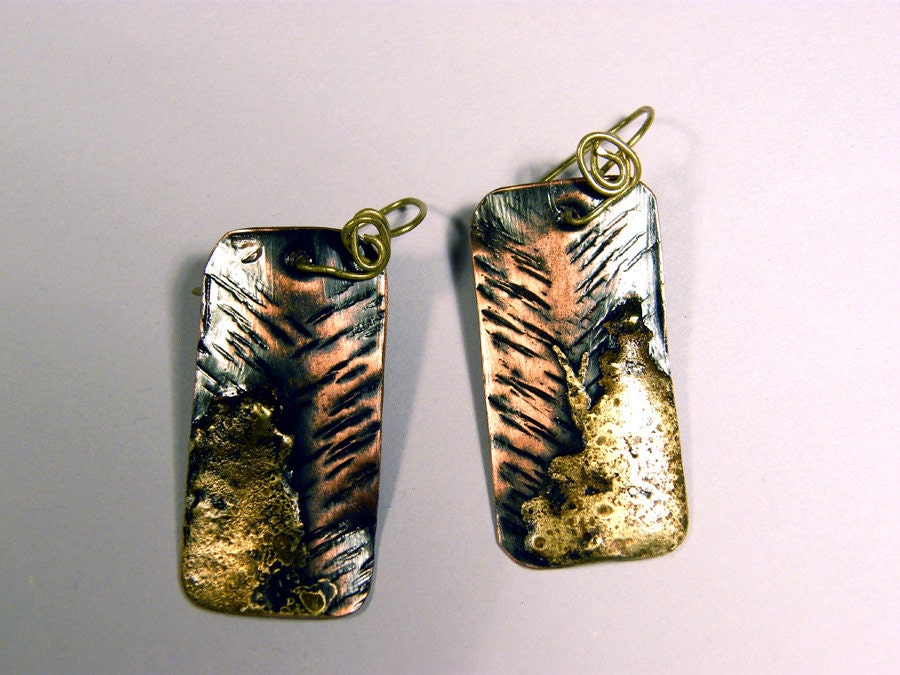 Sculptural art earrings handcraft copper earrings metalwork