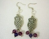 Silver Owl Earrings with Swarovski Crystals-- Purple