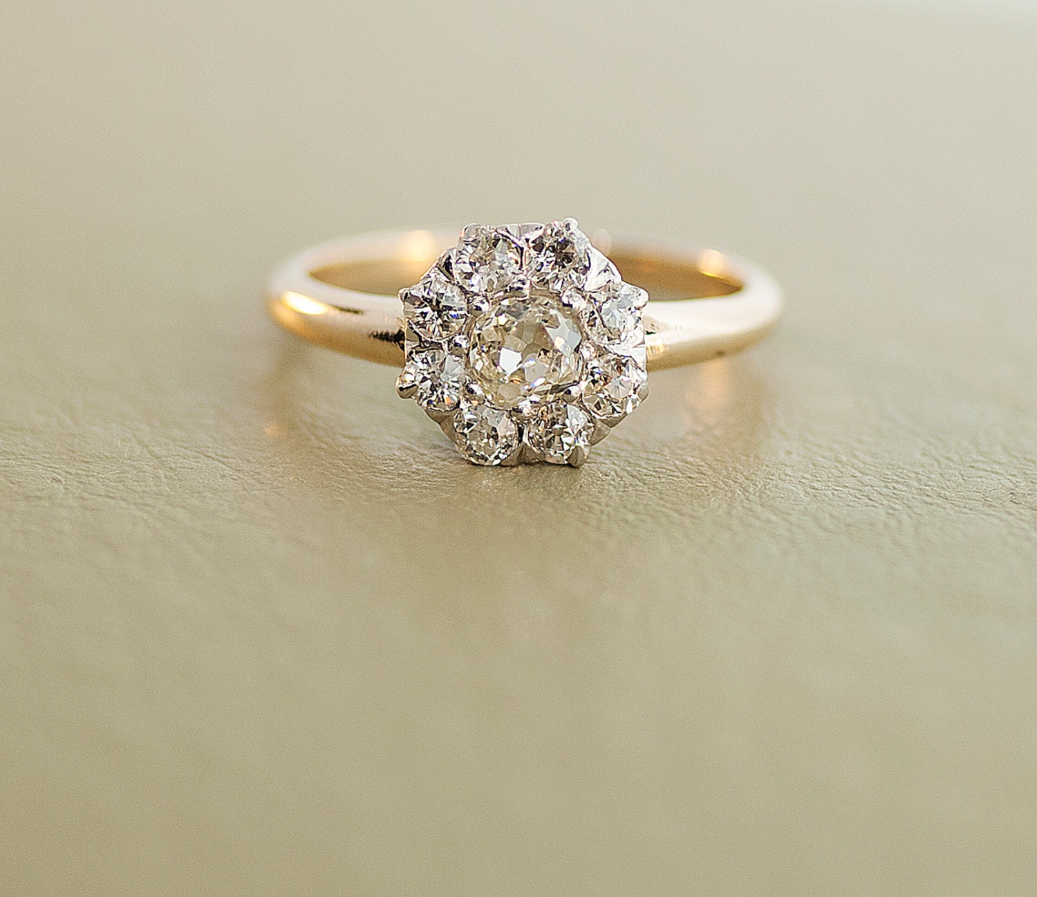Antique 14k and Platinum Diamond Engagement Flower Style Ring