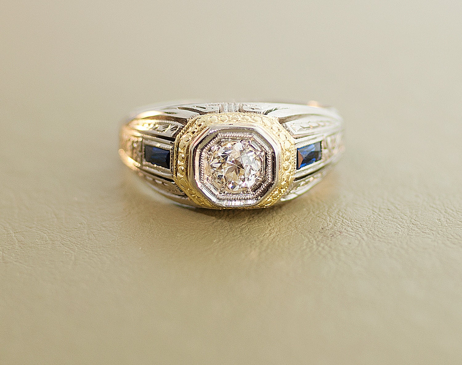 Men's Antique 18k Yellow and White Gold Diamond and Sapphire Ring