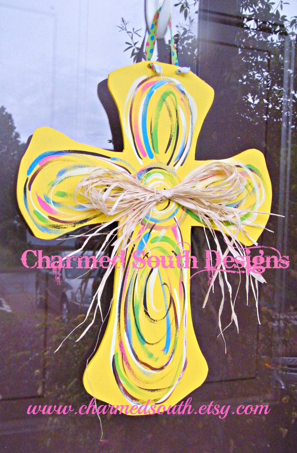 Yellow and Swirl Wood Cross Door Hanger