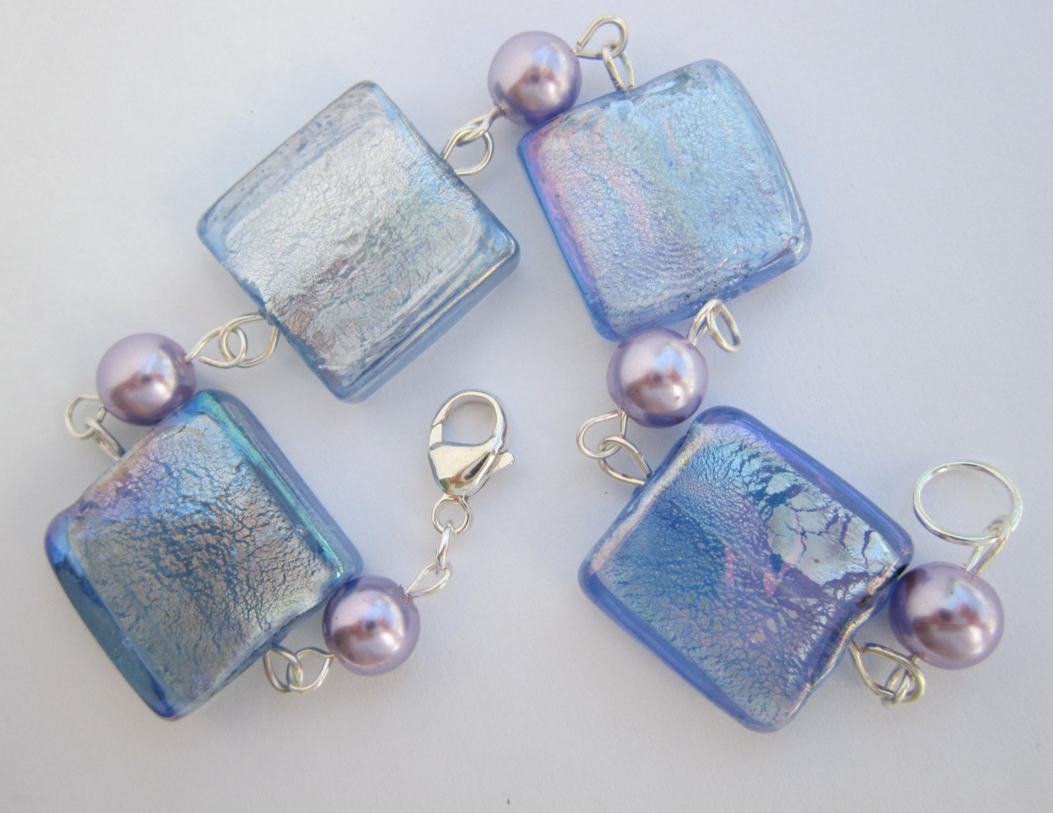 Iridescent Blue Lavender Lampwork Bead and Lavender Pearl Bracelet - Dressy, Unique, Bold,