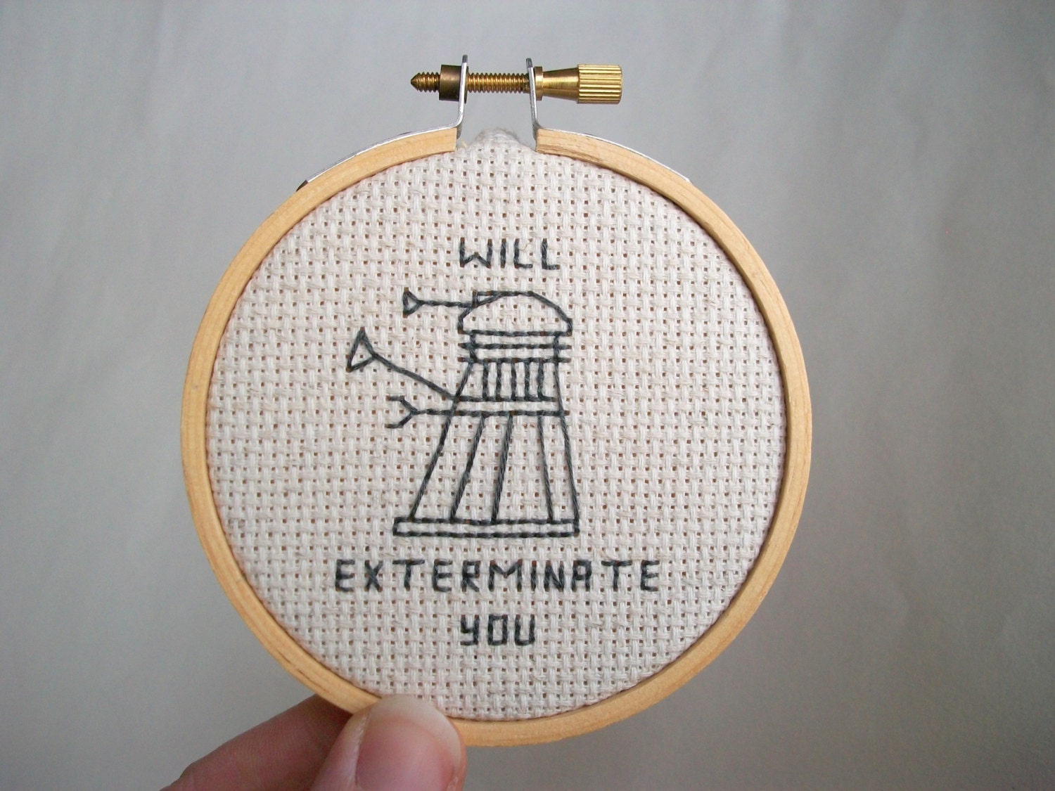 Will Exterminate Sign -- Modern cross stitch hobo signs for a contemporary (digital) world -- a warning about cosmic, doctor-hating enemies
