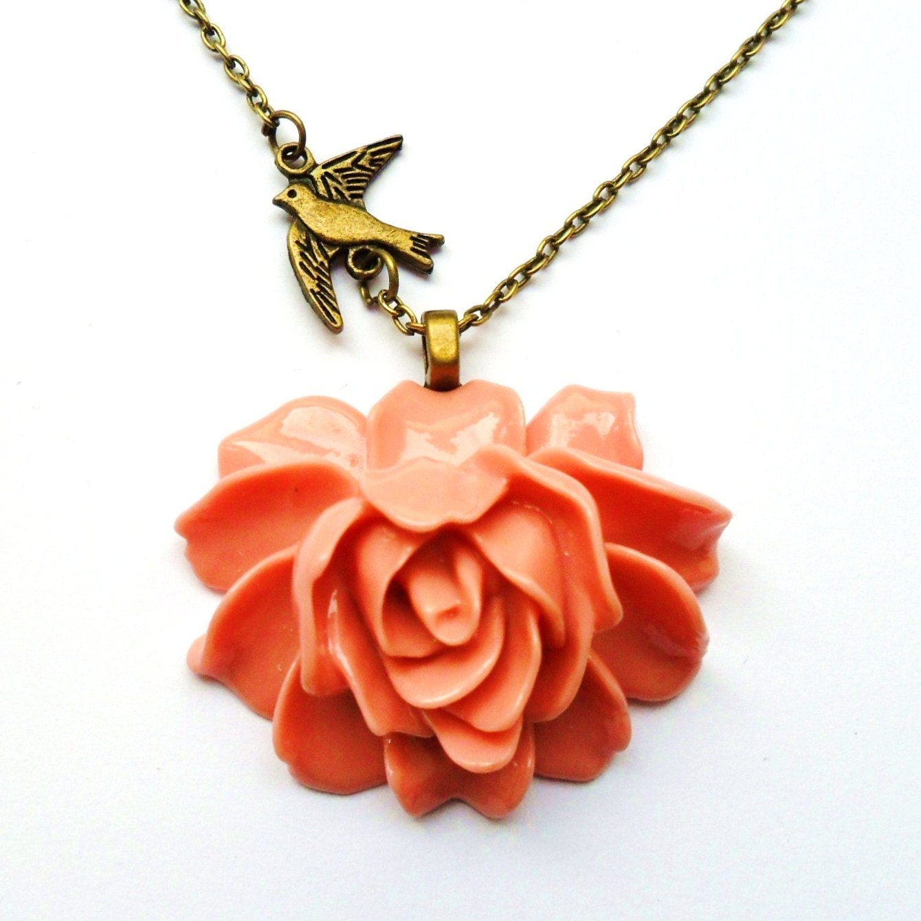 Coral Pink Rose Necklace, Coral Flower Necklace, Swallow Necklace, 18" Antique Bronze Chain - Pin Up Burlesque Vintage Style