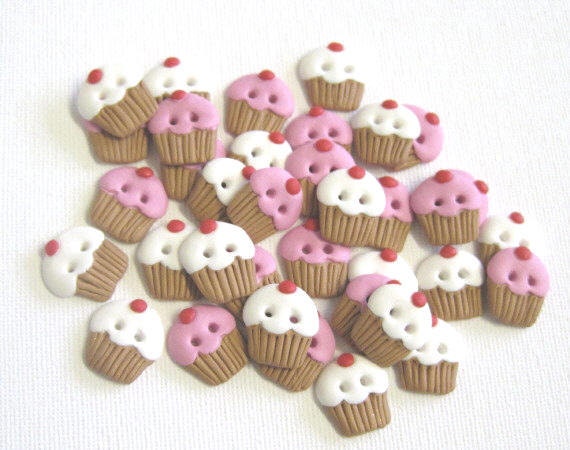 6 Cupcake Sewing Buttons Pink or White