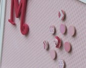 21x27 white FRAMED FABRIC MAGNET board, memo board, light pink fabric, organize 3 small magnets & small initial magnet, the charming wall