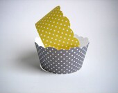 36 Yellow and Grey Polka Dot Cupcake Wrappers -  Shabby Chic, Rustic, Bridal Shower, Birthday, Wedding, Baby Shower