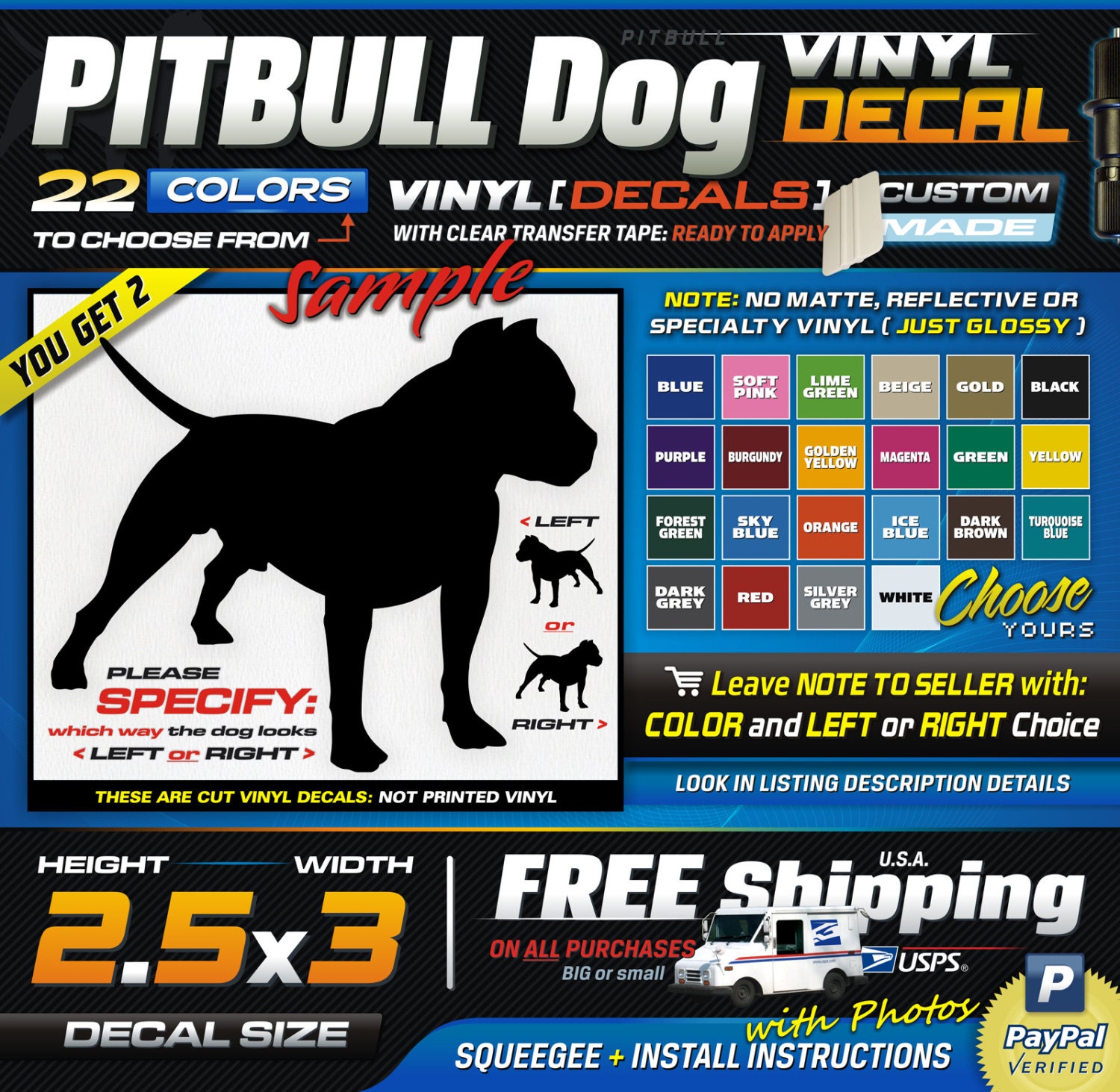 2.5x3 (2) Pitbull Dog Breed Pet Vinyl Decal Sticker 1 Color