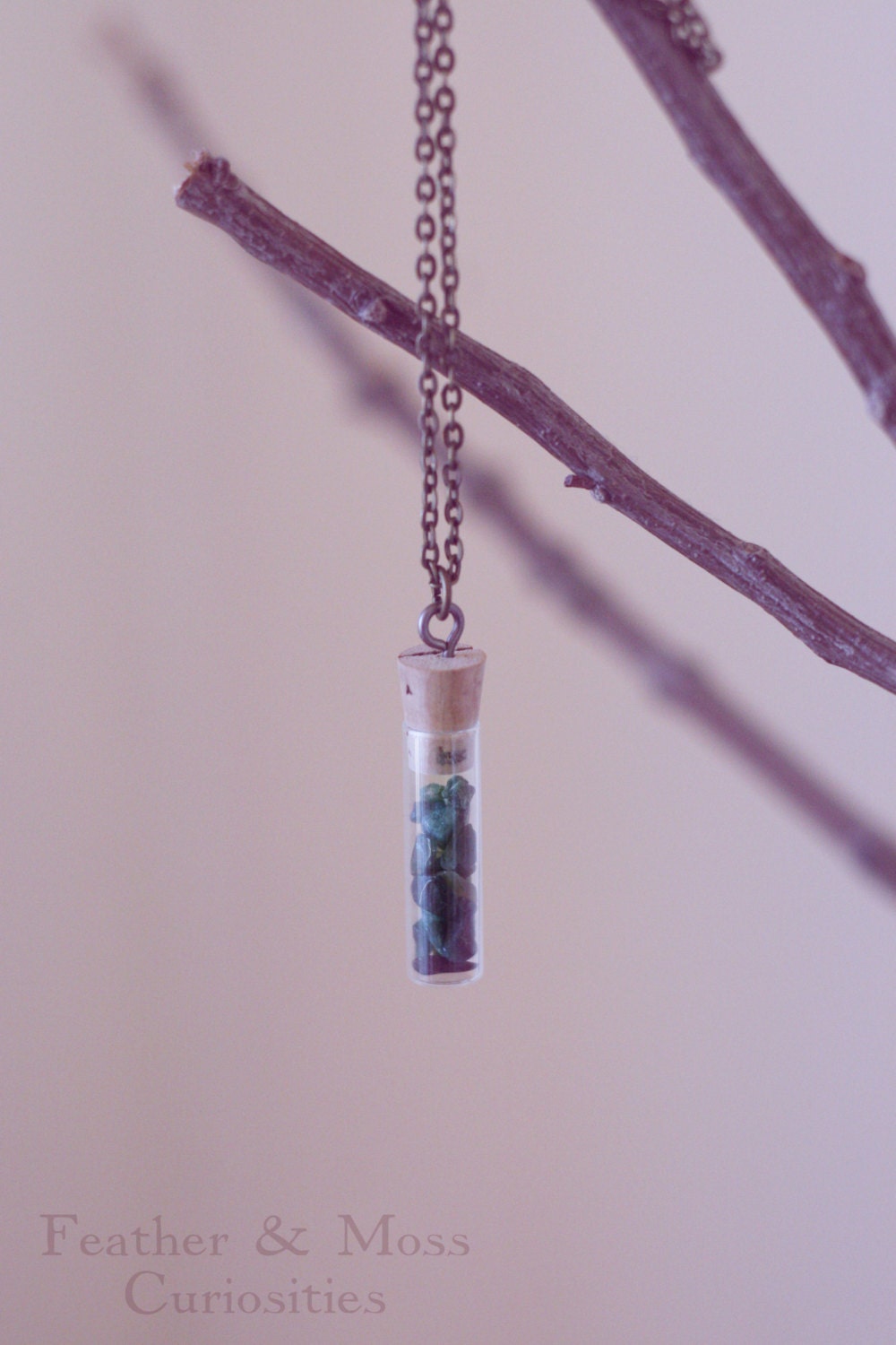 Understory Necklace.  Moss agate in a vintage vial.
