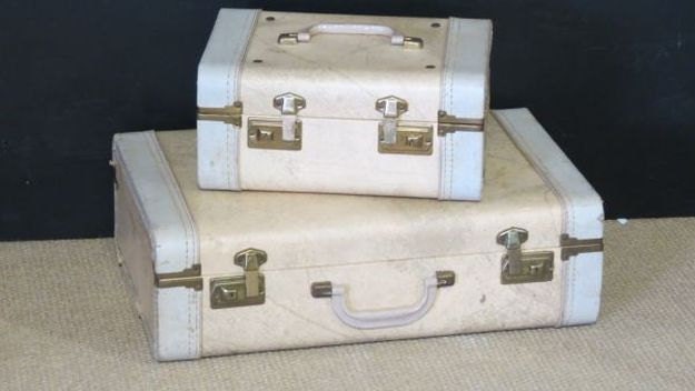 Vintage Ivory White Suitcase and matching Train Case