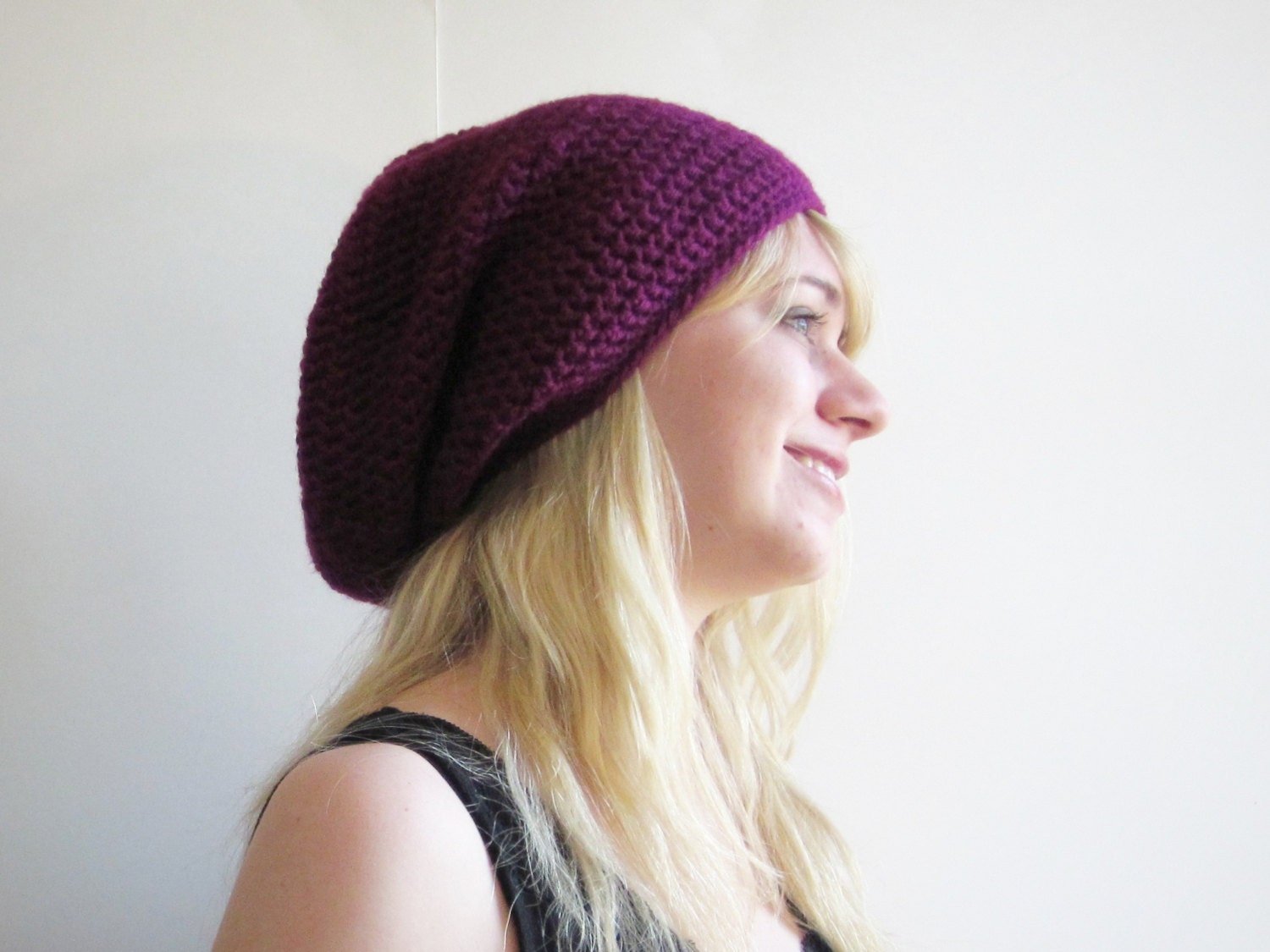 Crochet Slouchy Beanie The Derby Square Hat in Magenta Berry for Women Teens Tweens