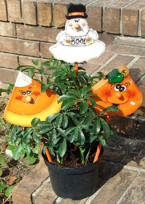 Halloween Tole Painted Wooden Plant Picks 3-Piece Set - Ghost, Candy Corn, Pumpkin