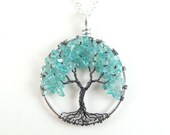 Mystic Beauty- Apatite Wire Tree of Life Necklace- Black Gray Gunmetal, Silver, Teal, Aqua, Blue