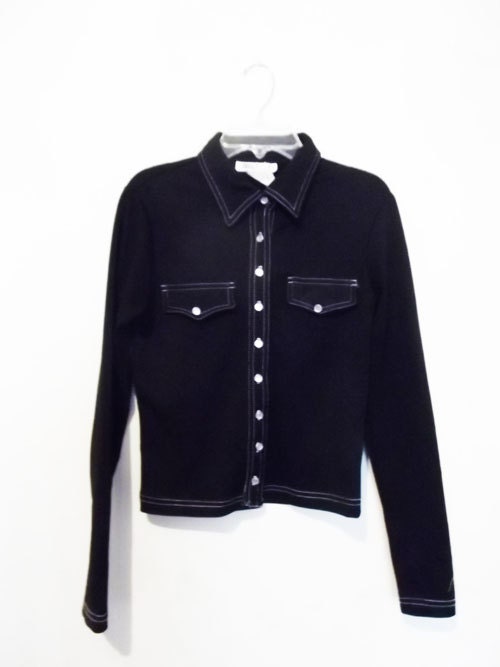 90s Cropped Black Slim Fit Long Sleeve Button Down Top - By Jazz Sport - Size S - Women's Vintage Clothing