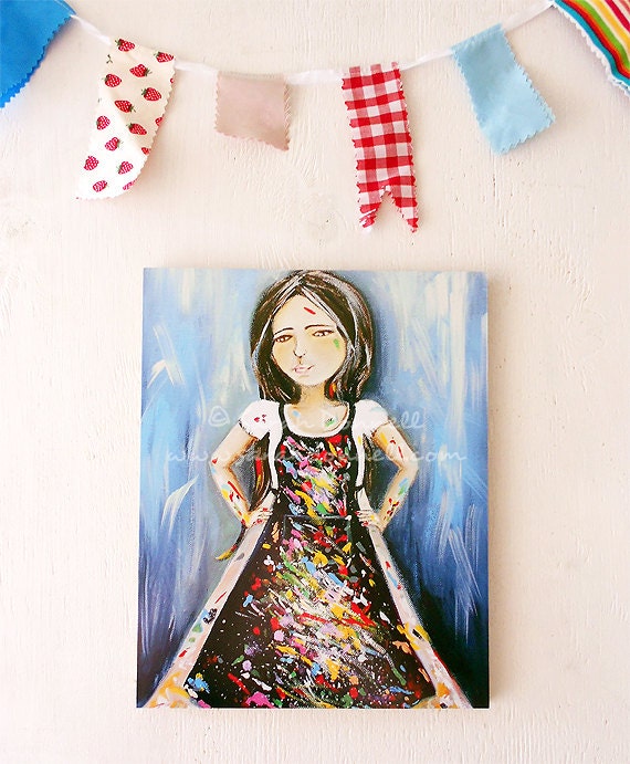 8 x 10 Woodblock Print Art Mixed Media Girl Painting Mixed Media Wall Art Giclee Blue Paint Studio Artisan - The Artist