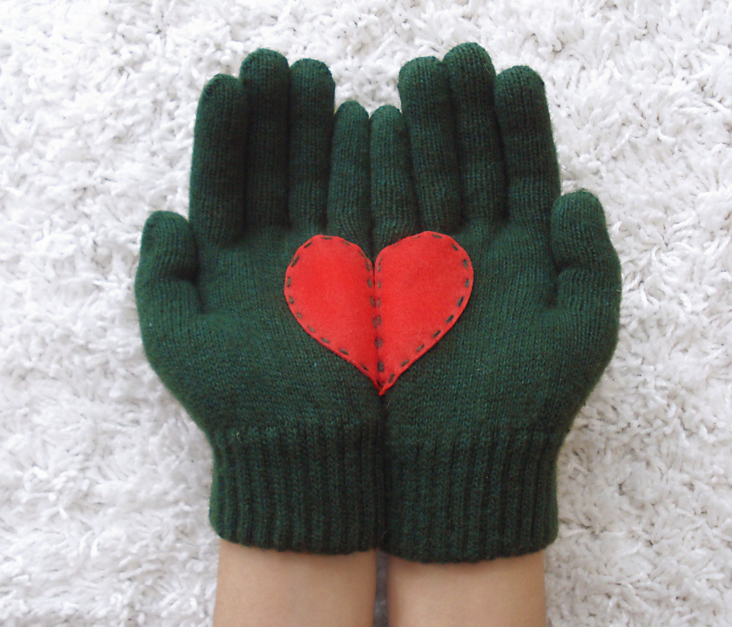 Heart Gloves, Green Gloves with Red Felt Heart