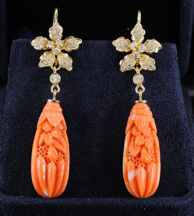 Fabulous carved coral and diamond vintage unique flower drop earrings
