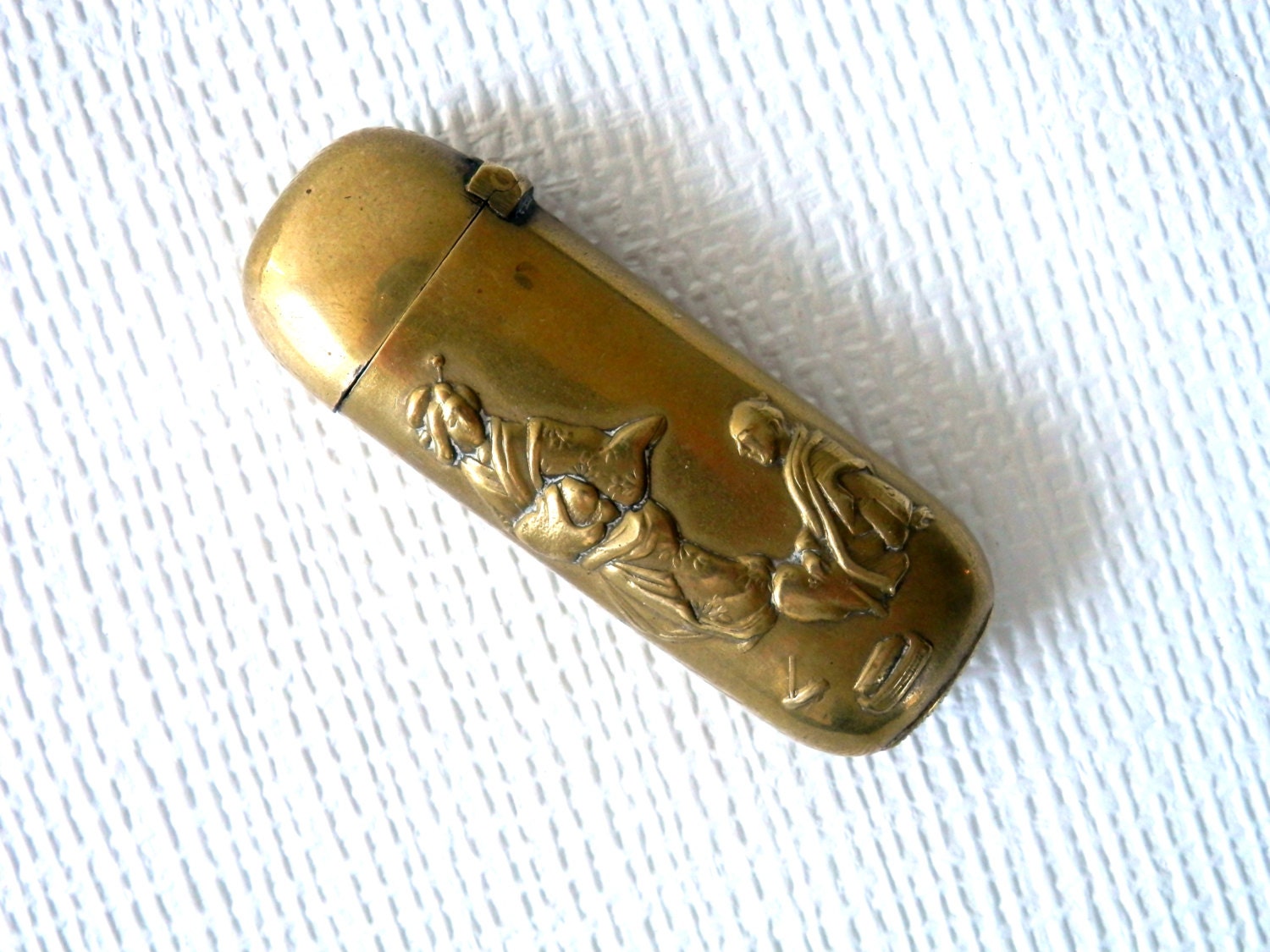 c.1890 Japanese Match Case Geisha Girl and Man Brass Repousse Vesta