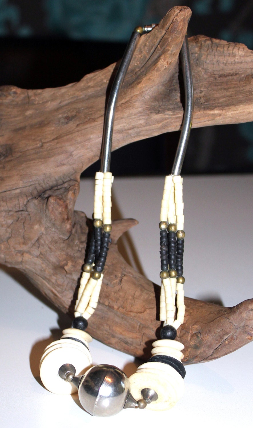 Mid Century Heavy Silver and Bone Bib Tribal Boho Necklace Native American