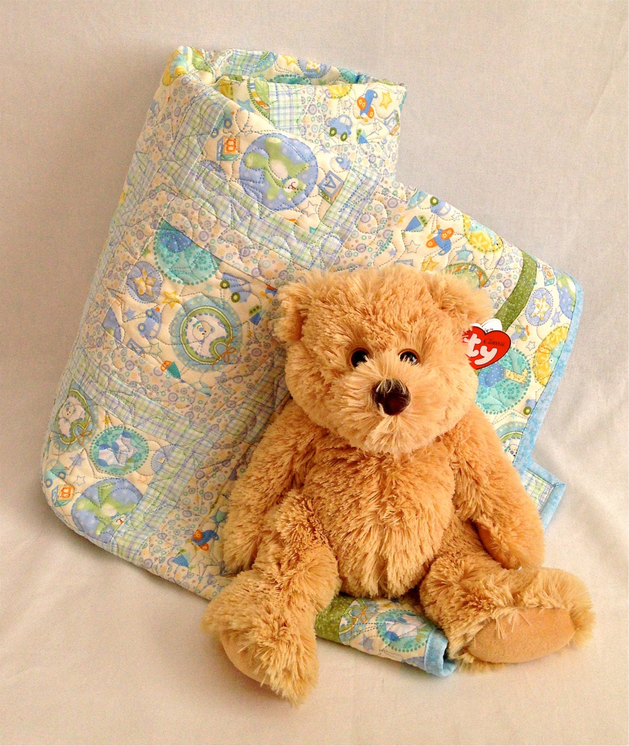 Baby Boy Quilt with Teddy Bears Planes Cars Green Blue Yellow Ivory