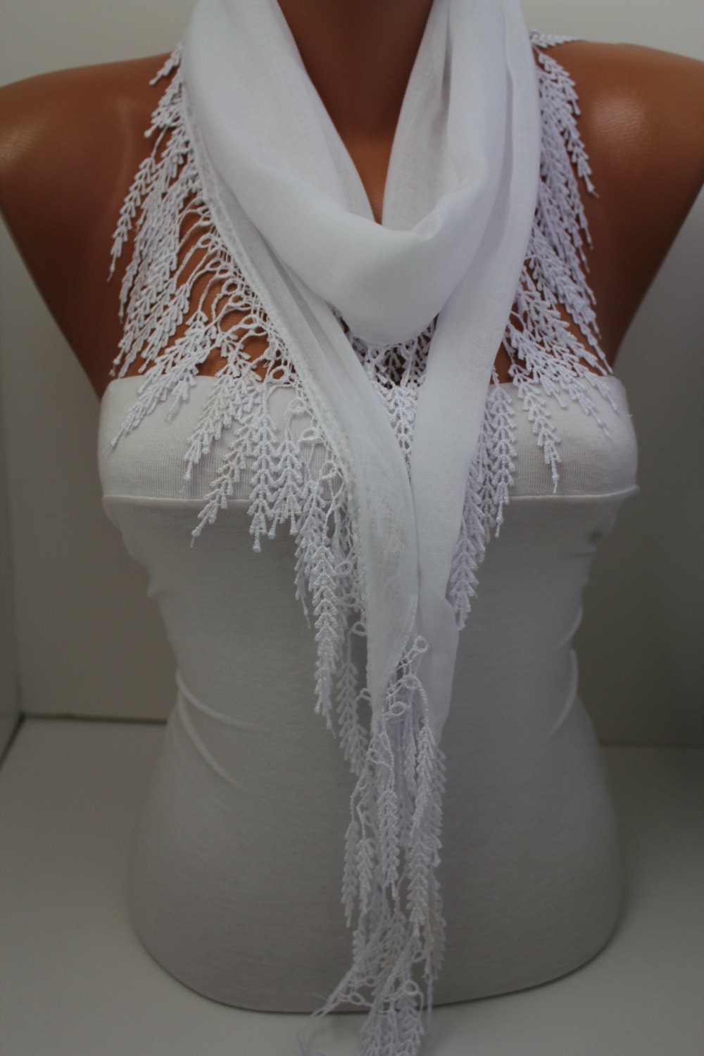 White Cotton Scarf- Shawl Headband -Cowl with Lace Edge