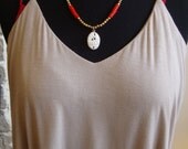 Vintage Cameo Necklace - Milk Glass Flower Cameo paired with Red African Trade Beads and Brass/ Boho/ Tribal  "Alluring Adornment"