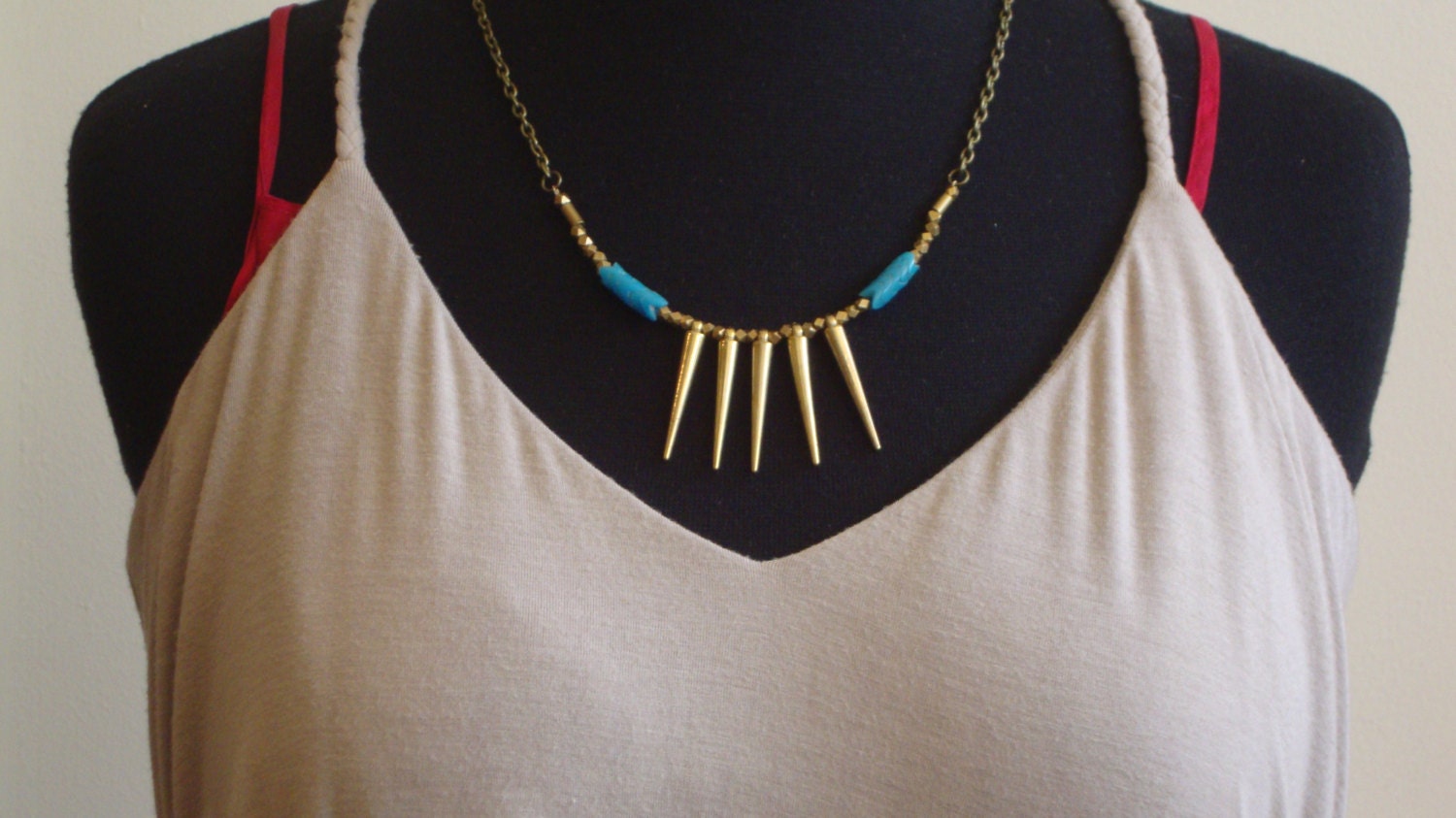 Chunky Spike Necklace - Gold Colored Spikes Paired with Vintage Snake Beads and Eye Catching Brass Nuggets  "Femme Fatale"