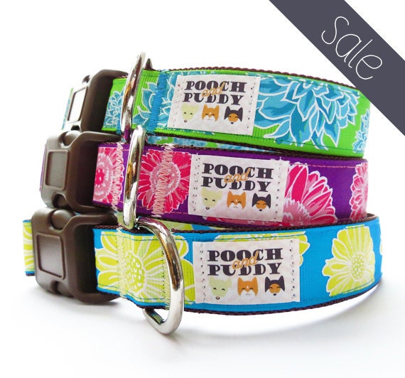 Flowers Large Dog Collar - flower dog collar, large dog collar, pink dog collar, blue dog collar, green dog collar, spring dog collar