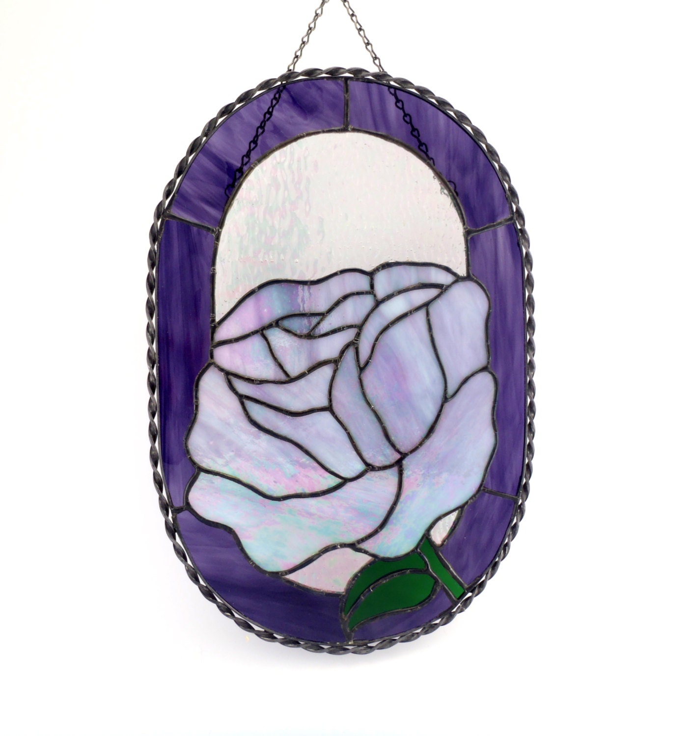 Purple Rose Oval Stained Glass Panel Handmade OOAK