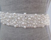 Pearl, Silver glass beads & Rhinestones Beaded bridal wedding sash / belt