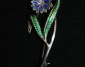 Vintage Enamel Brooch Sterling  Guilloche Italy Flower 1940s Jewelry