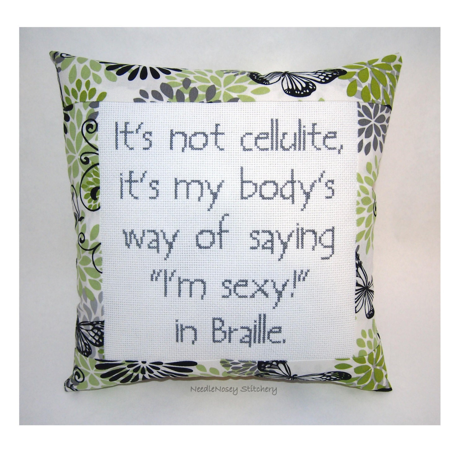 Funny Cross Stitch Pillow, Green Gray and Black Pillow, Cellulite Quote