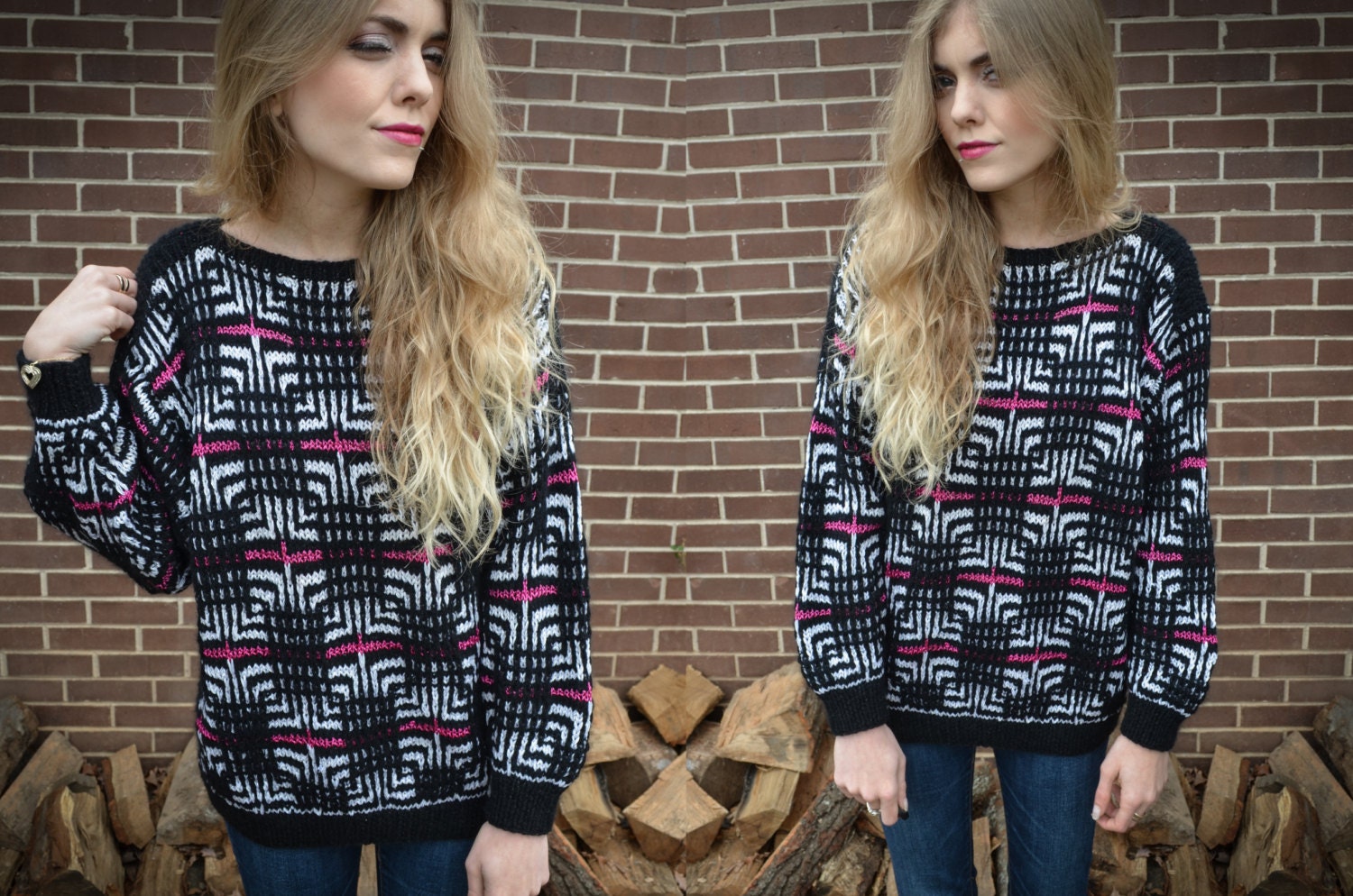 Customizable Vintage Pink Black White Oversized Studded Sweater