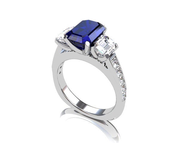 Blue sapphire engagement ring, diamond ring, emerald cut engagement, trinity ring, three stone, blue engagement, white gold
